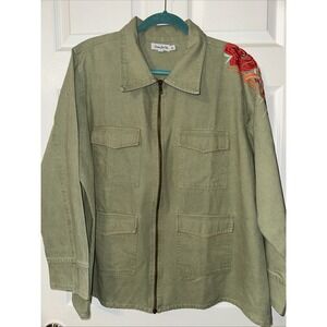 Time For Me Women's Sz 2X Olive Green Denim Zip Up Jacket w/ Embroidery